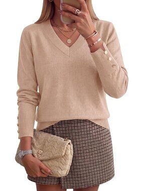 Cozy Fall V-Neck Lightweight Pullover Sweater for Women - Perfect Layering Top